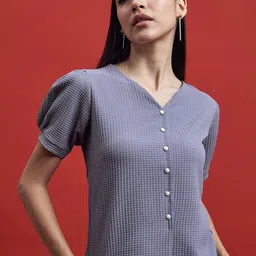 all about you Grey Self Design Checked V-Neck Puff Sleeve Regular Top-picture-10