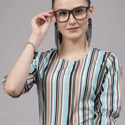 Style Quotient Turquoise Blue & Black Vertical Striped Bell Sleeve Regular Top-image-75