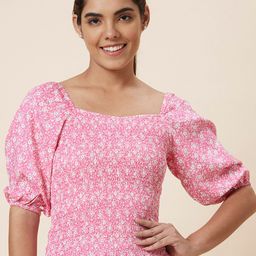Globus Pink & White Floral Printed Smocked Puff Sleeve Top-image-65