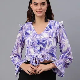 PRETTY LOVING THING Blue Floral Print Chiffon Crop Top-picture-0