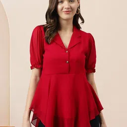 BAESD Puff Sleeves Georgette High-Low Hem Shirt Style Top-picture-34