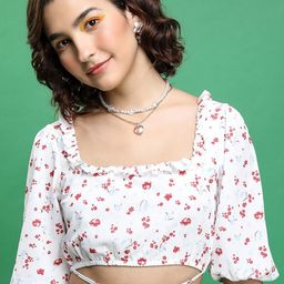 Tokyo Talkies Off White & Pink Floral Printed Square Neck Smocked Fitted Crop Top-image-65