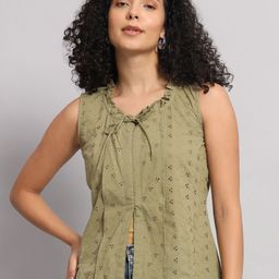 Mast & Harbour Olive Green Tie-Up Neck Schiffli Sleeveless Cotton Top-image-69