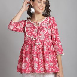 KALINI Floral Printed Tie-Up Neck Cotton Top-image-102