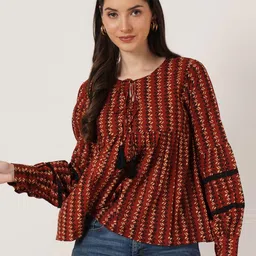 COTLAND FASHION Geometric Printed Tie-Up Neck Long Sleeves Cotton Top-picture-30