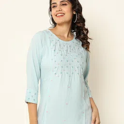 Anouk Blue Floral Embroidered Round Neck Modal Ethnic Top-image-76