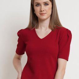 Popwings Red Solid Puff Sleeves  Top-picture-42