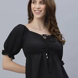 RAASSIO Women Black Solid Crepe Tie-Up Neck Crepe Peplum Top-picture-46