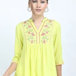 Vishudh Yellow Floral Embroidered Mandarin Collar Top-image-39