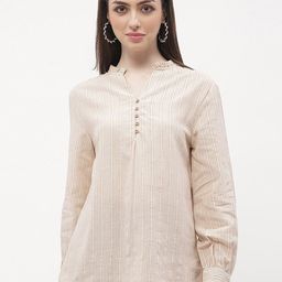 Madame Vertical Stripes Mandarin Collar Cuffed Sleeves Top-image-56