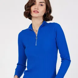 SASSAFRAS Blue Front Zipper Ribbed Top-23