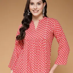 Indibelle Checked Mandarin Collar A-Line Pleated Top-image-4