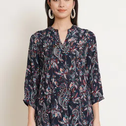 IX IMPRESSION Women Black Floral Print Mandarin Collar Top-picture-54