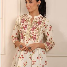 Rain & Rainbow Floral Printed Mandarin Collar Pure Cotton A-Line kurti-picture-29
