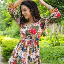 Rain & Rainbow Floral Printed Bell Sleeve Cotton Empire Top-picture-56