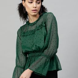 STREET 9 Green Printed Bell Sleeves Chiffon Peplum Top-image-19