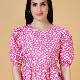 People Pink Floral Printed Puff Sleeves Gathered Detailed Pure Cotton Peplum Crop Top-image-61