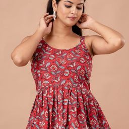 FERANOID Floral Printed Gathered or Pleated Pure Cotton Peplum Top-image-36