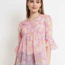 Popwings Women Floral Printed Bell Sleeve Chiffon Peplum Top-18