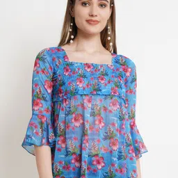 Popwings Floral Print Bell Sleeve Chiffon Peplum Top-19