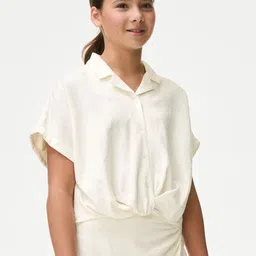 Marks & Spencer Girls Shirt Collar Extended Sleeves Linen Boxy Top-image-76