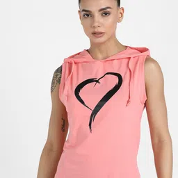 Rock Paper Scissors Women Pink & Black Printed Pure Cotton Hooded Tank Top-image-82