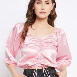 Bitterlime Pink Sweetheart Neck Ruched Satin Blouson Crop Top-image-78