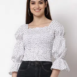 Style Quotient White & Black Polka Dot Print Smocked Crepe Top-picture-49