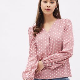 Harpa Pink & White Polka Dot Print Casual Crepe Top-26