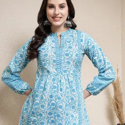 Stylum Turquoise Blue Floral Printed Mandarin Collar Indigo Cotton Top-image-35