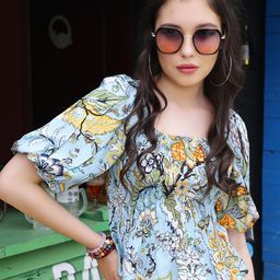 Sera Blue Floral Printed Puff Sleeves Smocked Top-image-28