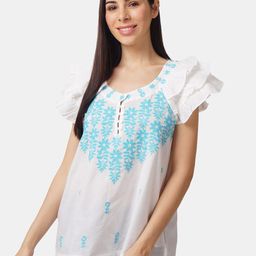 IX IMPRESSION White & Blue Embroidered Regular Top-48