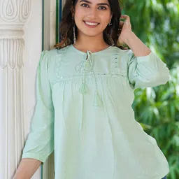 YASH GALLERY Embroidered Tie-Up Neck A-Line Top-image-53