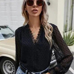 Stylecast X Slyck Polka Dot Semi Sheer Cuffed Sleeve Top-13