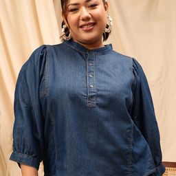 CURVY STREET Plus Size Mandarin Collar Cotton Denim Top-image-59