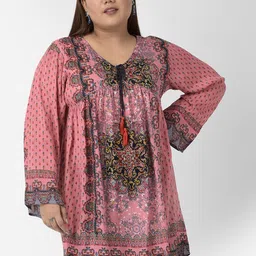 VELDRESS Plus Size Women Pink Print Tie-Up Neck Longline Top-28