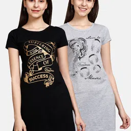 Fleximaa Women Grey Melange & Black Pack of 2 Printed Longline Top-picture-17