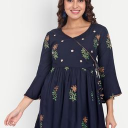 Aarti Fashion Floral Printed Sequined Bell Sleeves Longline Pleated Wrap Top-45