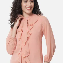 BAESD Mandarin Collar Cuffed Sleeves Ruffles Georgette Top-image-19