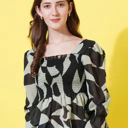 U&F Abstract Printed Square Neck Smoked Style Peplum Top image 1