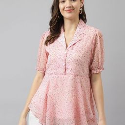 BAESD Floral Print Lapel Collar Puff Sleeves Georgette A-Line Top-image-68
