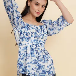 RAASSIO Floral Printed Puff Sleeve Georgette Empire Top-image-48