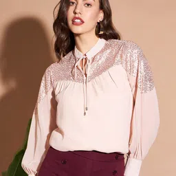 Marie Claire Peach-Coloured Tie-Up Neck Cuffed Sleeves Sequined Regular Top-picture-14
