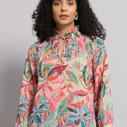 Mast & Harbour Tropical Printed Tie-Up Neck Cuffed Sleeves Top-image-30