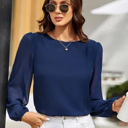 Selvia Long Puff Sleeves Georgette Top-image-2