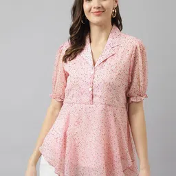 TOOCHKI Floral Print Puff Sleeve Georgette High-Low Top-image-81