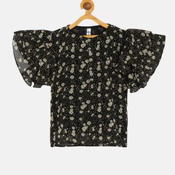 KiddoPanti Black & Cream-Coloured Floral Print Georgette Frill layered Sleeve Top-image-23