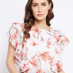Bitterlime White Floral Print Georgette Top-image-27