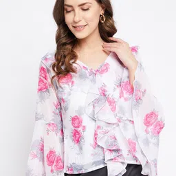 Bitterlime White Floral Printed Georgette Ruffled Top-image-5