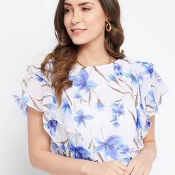 Bitterlime White Floral Printed Georgette Flutter Sleeves Top-image-20